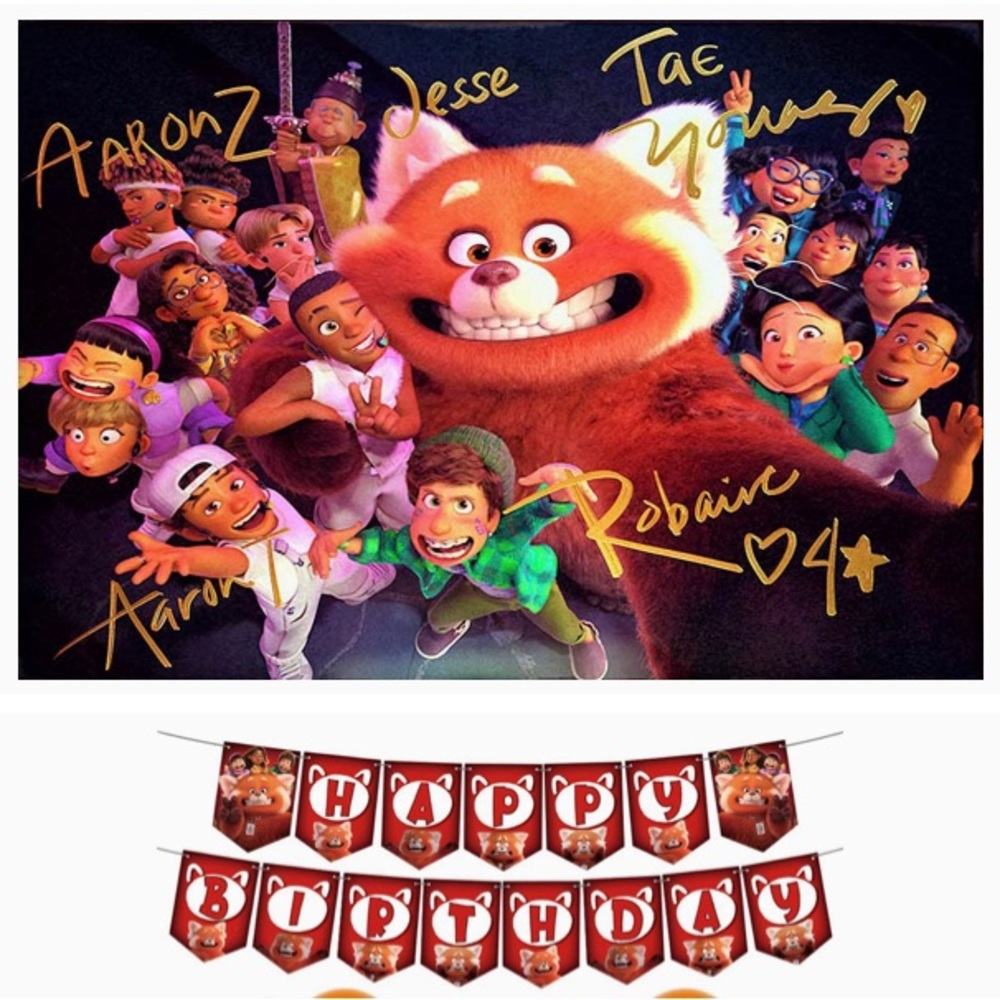Turning panda red happy birthday party banner , birthday backdrop